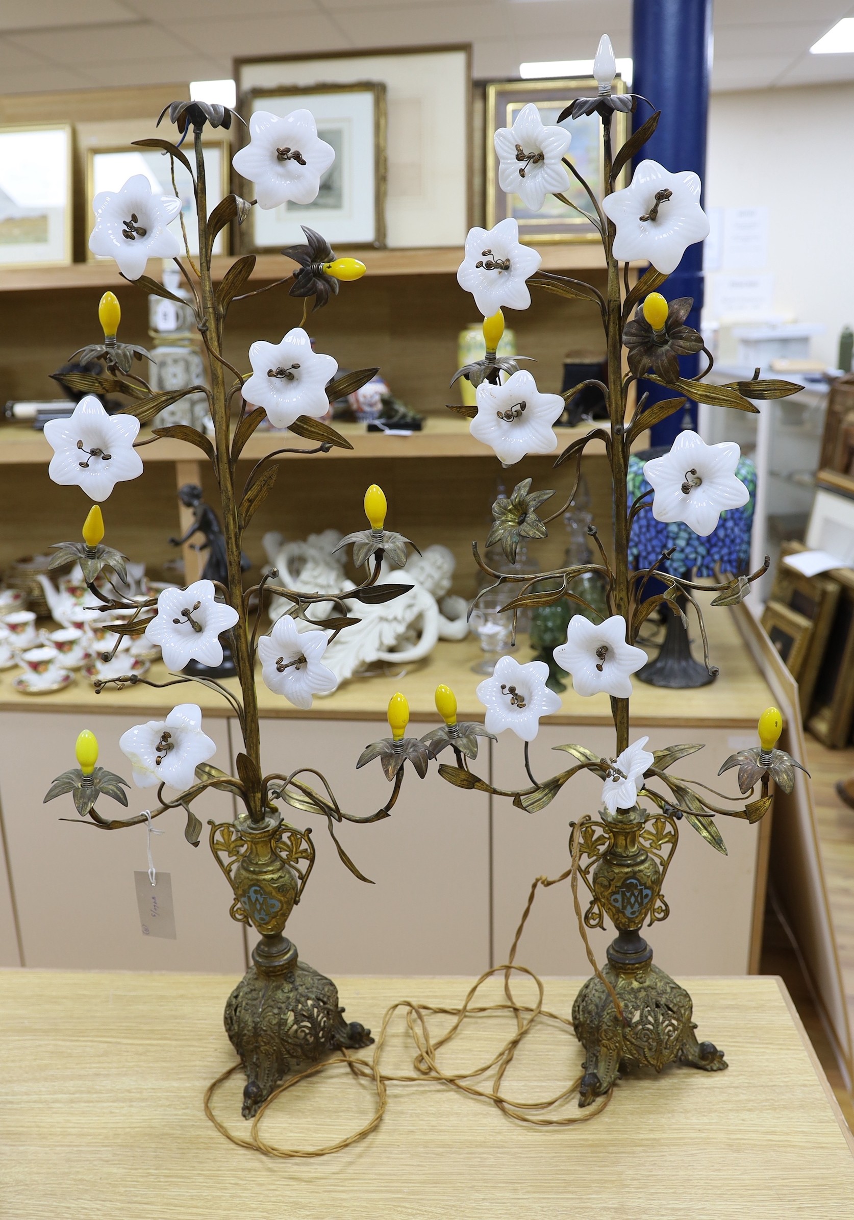 A pair of late 19th century French gilt brass floral candelabra, with electrical fittings, 90cm tall